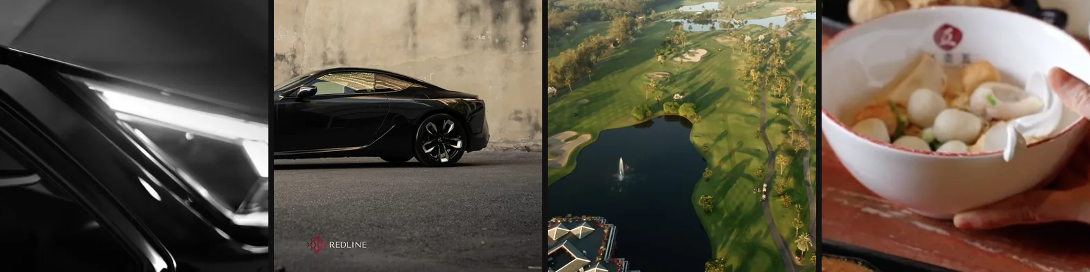 Stills from Pao's work: an Audi headlight, a Lexus LC 500 for Redline Supercar, a golf course from the air, and a bowl from the Lim Lao Ngow campaign