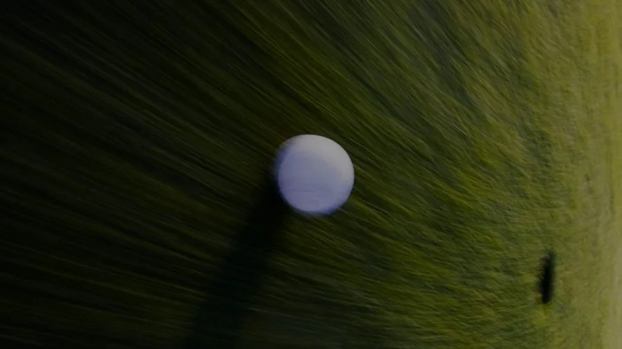 A golf ball resting in long grass, close up