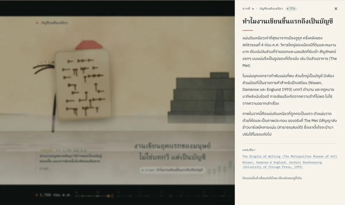 Scroll 0: a deep-reading panel open beside the scene, with its sources