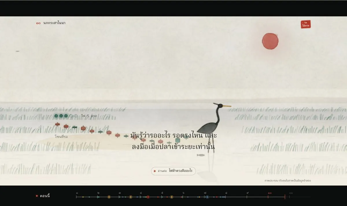 Scroll 0: a heron standing in a rice field at sunrise